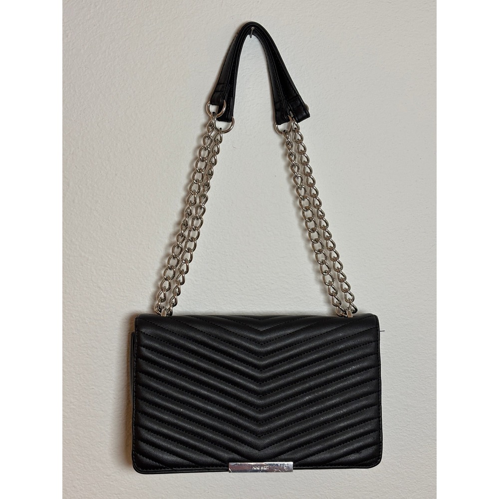 Nine West Black Quilted Chevron Shoulder Bag Silver Chain Strap Flap Handbag